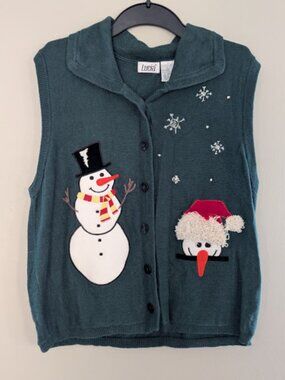 Vintage Lucia Christmas Snowman Sweater Vest Womens Large Green Button Front